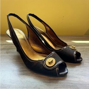 Coach Brook Slingback Heels (3”) with Classic Brown Pattern. Size 8B